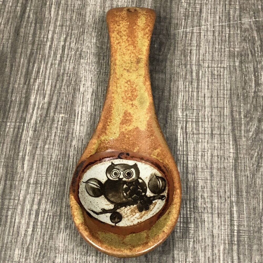 VTG Owl Spoon Rest 9” Handcrafted Drip Glazed Stoneware Pottery Brown Farmhouse